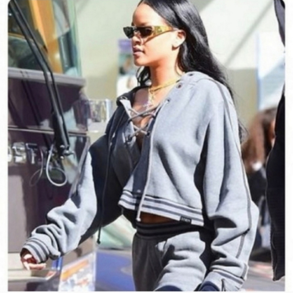 Fenty Puma Rising Sun Sweatshirt Cropped Hoodie Grey Size Small